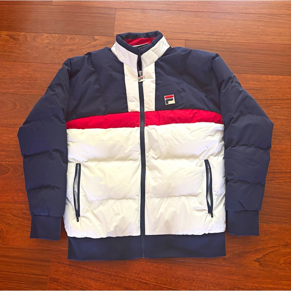 FILA Y2K Colorblock Embroidered Puffer Jacket Mens S Red White Blue Full Zip
